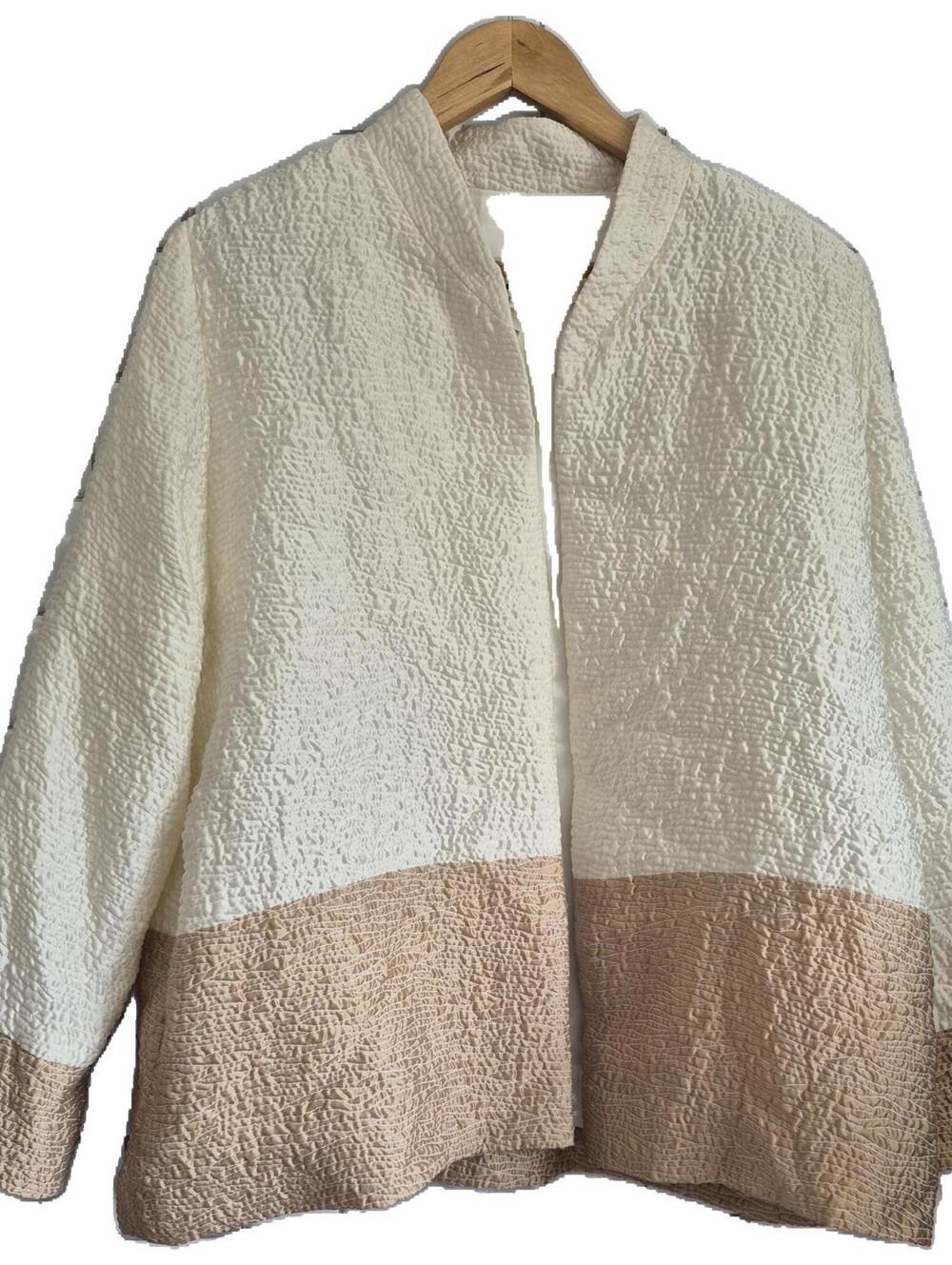 NWT Caroline Rose Women’s Color Block Cream Tan Crinkle Textured Jacket Cardigan